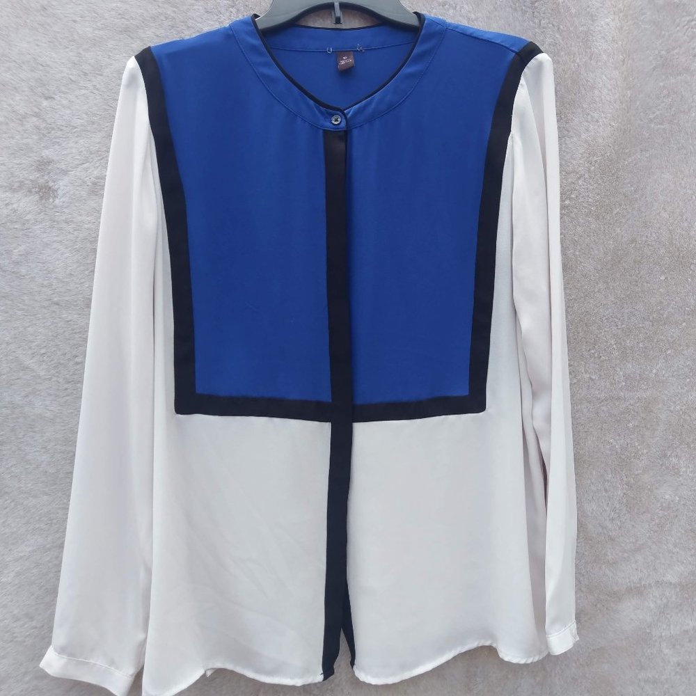 White and blue button-down blouse